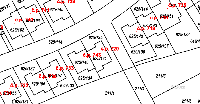 Malešice 720, Praha na parcele st. 625/141 v KÚ Malešice, Katastrální mapa