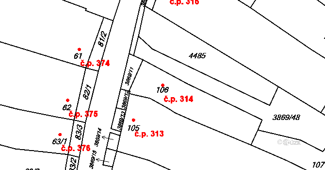 Míšovice 314, Hostěradice na parcele st. 106/1 v KÚ Míšovice, Katastrální mapa