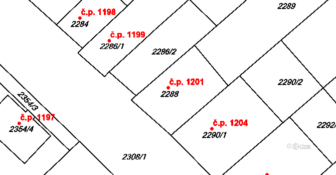 Rakšice 1201, Moravský Krumlov na parcele st. 2288 v KÚ Moravský Krumlov, Katastrální mapa