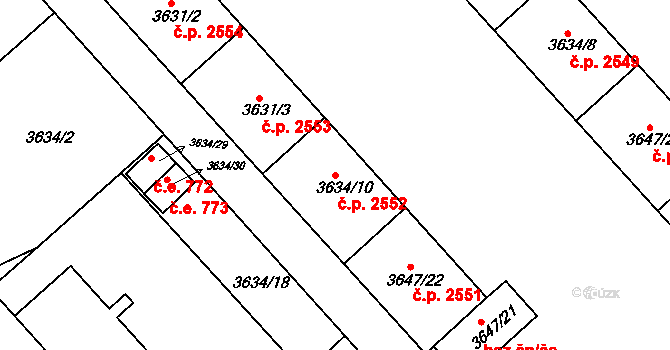 Znojmo 2552 na parcele st. 3634/10 v KÚ Znojmo-město, Katastrální mapa