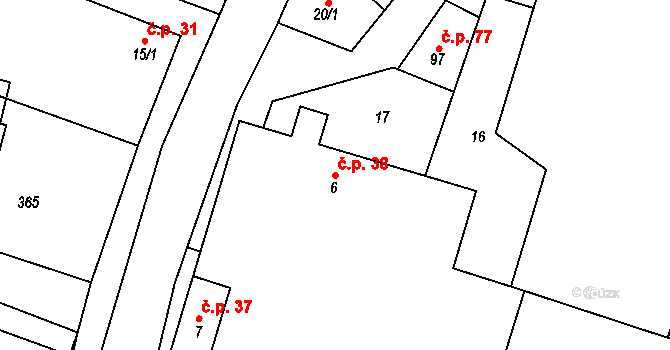 Hospozín 38 na parcele st. 6 v KÚ Hospozín, Katastrální mapa