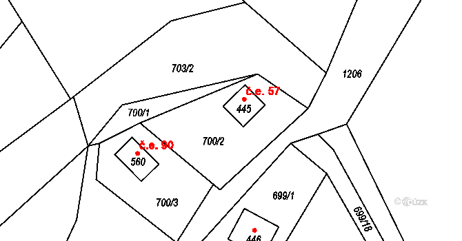 Dolní Sklenov 57, Hukvaldy na parcele st. 445 v KÚ Sklenov, Katastrální mapa