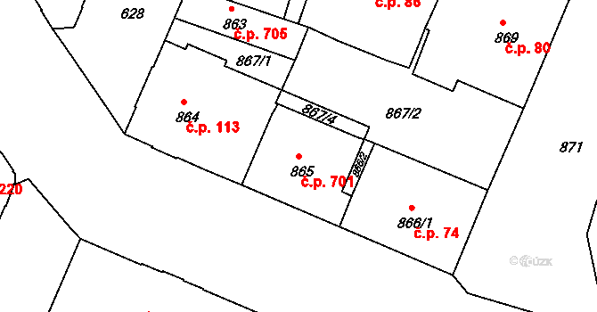 Děčín IV-Podmokly 701, Děčín na parcele st. 865 v KÚ Podmokly, Katastrální mapa