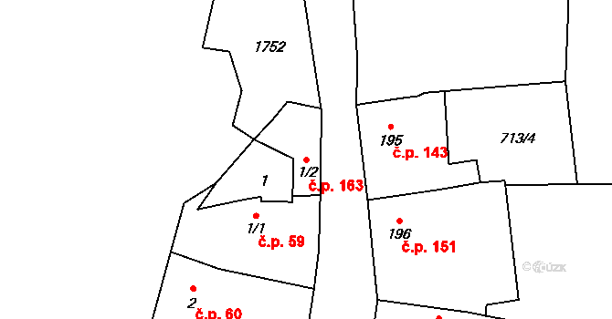 Lnáře 163 na parcele st. 1/2 v KÚ Lnáře, Katastrální mapa