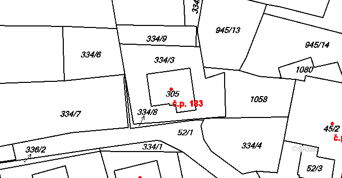 Vrchoslav 183, Krupka na parcele st. 305 v KÚ Vrchoslav, Katastrální mapa