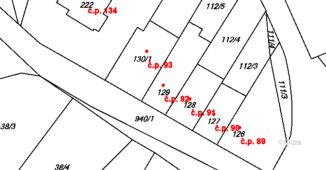 Hruška 92 na parcele st. 129 v KÚ Hruška, Katastrální mapa