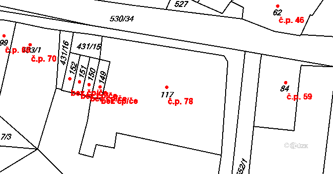 Slavice 78, Třebíč na parcele st. 117 v KÚ Slavice, Katastrální mapa
