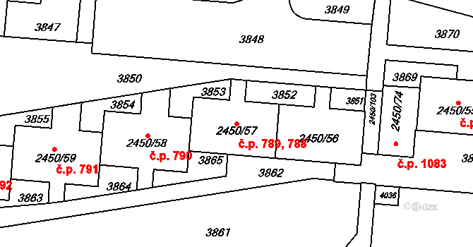 Komín 788,789, Brno na parcele st. 2450/57 v KÚ Komín, Katastrální mapa