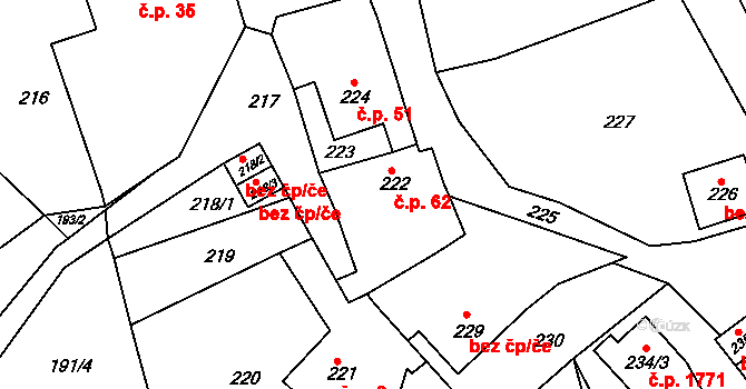 Vítkov 62, Sokolov na parcele st. 222 v KÚ Vítkov u Sokolova, Katastrální mapa