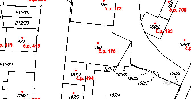 Mariánské Lázně 176 na parcele st. 186 v KÚ Mariánské Lázně, Katastrální mapa