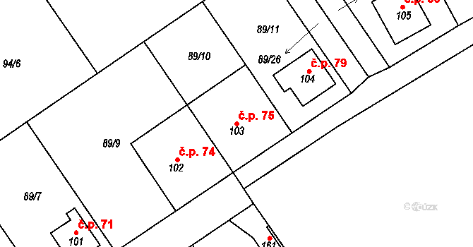 Lipnice 75, Dvůr Králové nad Labem na parcele st. 103 v KÚ Lipnice u Dvora Králové, Katastrální mapa