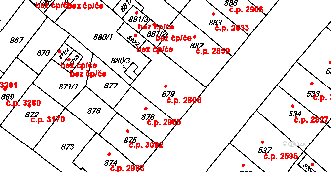 Chomutov 2806 na parcele st. 879 v KÚ Chomutov II, Katastrální mapa