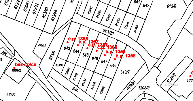 Jirkov 1360 na parcele st. 646 v KÚ Jirkov, Katastrální mapa