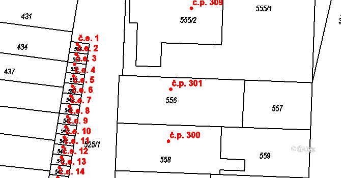 Opatovice 301 na parcele st. 556 v KÚ Opatovice u Rajhradu, Katastrální mapa
