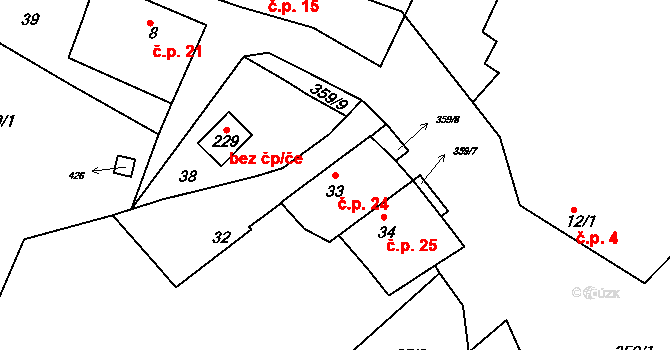 Tuchoraz 24 na parcele st. 33 v KÚ Tuchoraz, Katastrální mapa