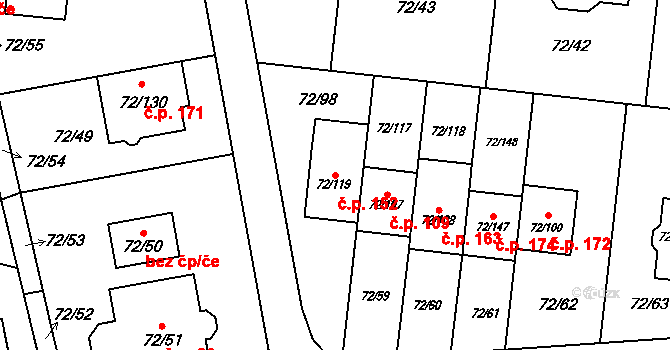 Útěchov 152, Brno na parcele st. 72/119 v KÚ Útěchov u Brna, Katastrální mapa