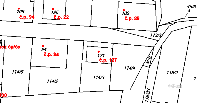 Vodochody 127 na parcele st. 171 v KÚ Vodochody u Prahy, Katastrální mapa