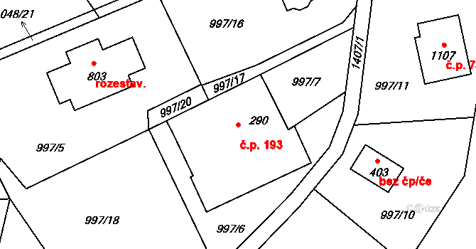 Kudlov 193, Zlín na parcele st. 290 v KÚ Kudlov, Katastrální mapa