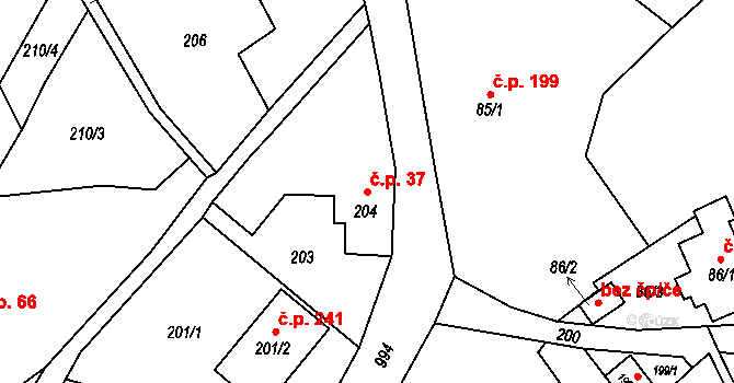 Chuchelná 37 na parcele st. 204 v KÚ Chuchelná, Katastrální mapa