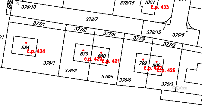 Bašť 421 na parcele st. 680 v KÚ Bašť, Katastrální mapa