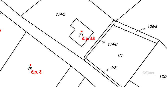 Výsonín 44, Lukavice na parcele st. 71 v KÚ Výsonín, Katastrální mapa