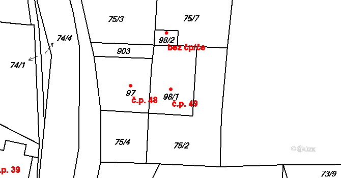 Bor u Chroustovic 49, Rosice na parcele st. 98/1 v KÚ Bor u Chroustovic, Katastrální mapa