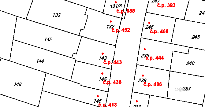 Drnovice 443 na parcele st. 143 v KÚ Drnovice u Vyškova, Katastrální mapa