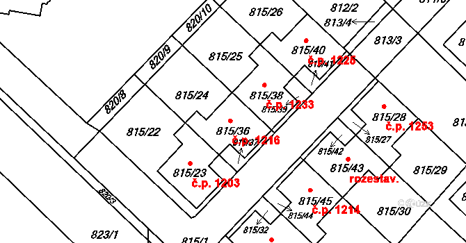 Rousínov 1216 na parcele st. 815/36 v KÚ Rousínov u Vyškova, Katastrální mapa