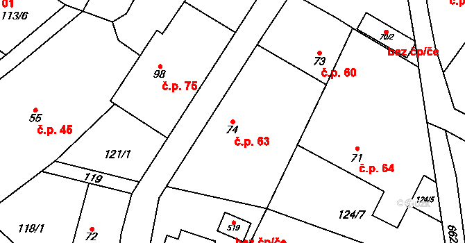 Dolní Jirčany 63, Psáry na parcele st. 74 v KÚ Dolní Jirčany, Katastrální mapa