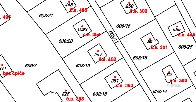 Dolní Jirčany 452, Psáry na parcele st. 257 v KÚ Dolní Jirčany, Katastrální mapa