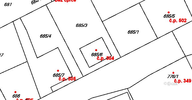 Lázně Bohdaneč 504 na parcele st. 685/6 v KÚ Lázně Bohdaneč, Katastrální mapa