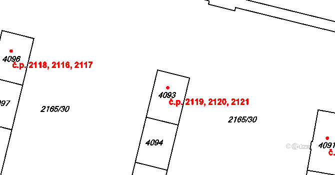 Zelené Předměstí 2119,2120,2121, Pardubice na parcele st. 4093 v KÚ Pardubice, Katastrální mapa
