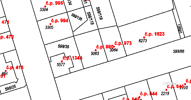 Bílé Předměstí 880, Pardubice na parcele st. 3063 v KÚ Pardubice, Katastrální mapa