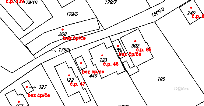Domoradice 46, Český Krumlov na parcele st. 123 v KÚ Přísečná-Domoradice, Katastrální mapa