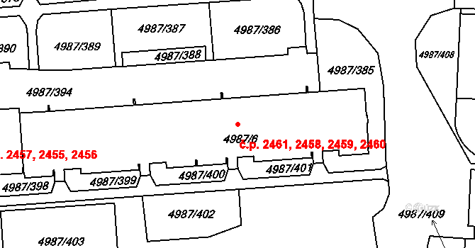 Louny 2458,2459,2460,2461 na parcele st. 4987/6 v KÚ Louny, Katastrální mapa