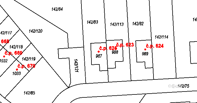 Strančice 625 na parcele st. 987 v KÚ Strančice, Katastrální mapa