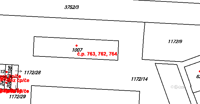 Dobřany 762,763,764 na parcele st. 1007 v KÚ Dobřany, Katastrální mapa