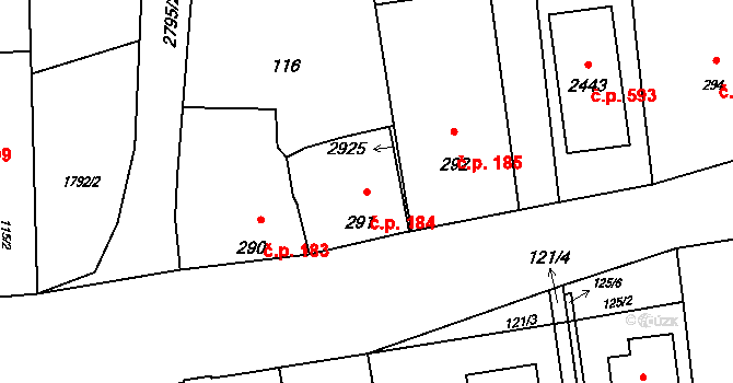 Hranice IV-Drahotuše 184, Hranice na parcele st. 291 v KÚ Drahotuše, Katastrální mapa