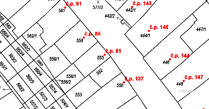 Zarazice 81, Veselí nad Moravou na parcele st. 555 v KÚ Zarazice, Katastrální mapa