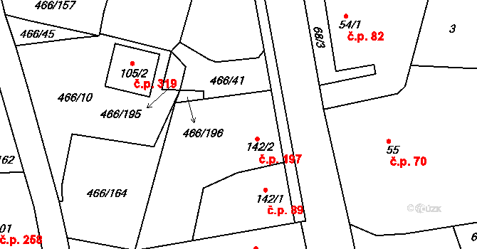 Broumy 197 na parcele st. 142/2 v KÚ Broumy, Katastrální mapa