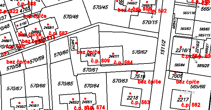 Borovina 584, Třebíč na parcele st. 2467/1 v KÚ Třebíč, Katastrální mapa