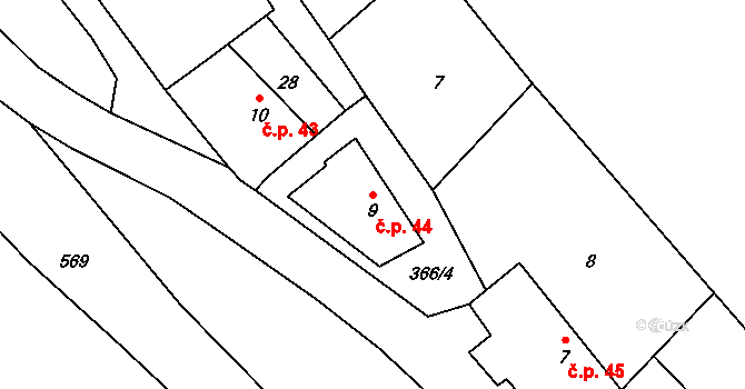 Minice 44, Velemyšleves na parcele st. 9 v KÚ Minice, Katastrální mapa
