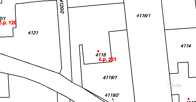 Lískovec 201, Frýdek-Místek na parcele st. 4118 v KÚ Lískovec u Frýdku-Místku, Katastrální mapa