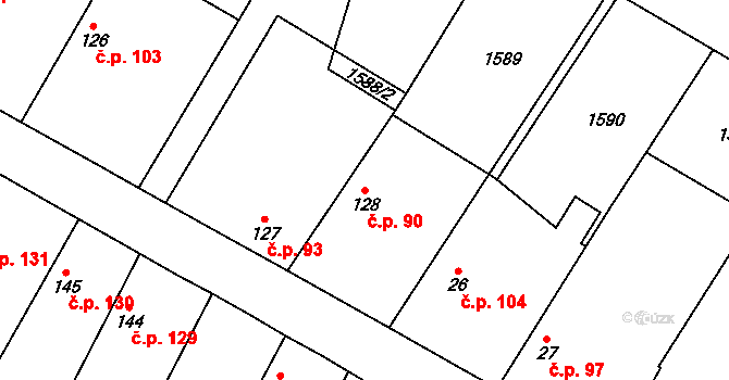 Čečelice 90 na parcele st. 128 v KÚ Čečelice, Katastrální mapa