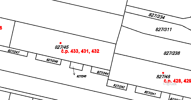Bohnice 431,432,433, Praha na parcele st. 827/45 v KÚ Bohnice, Katastrální mapa