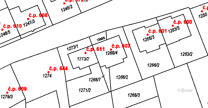 Těšice 607, Mikulčice na parcele st. 1268/4 v KÚ Mikulčice, Katastrální mapa