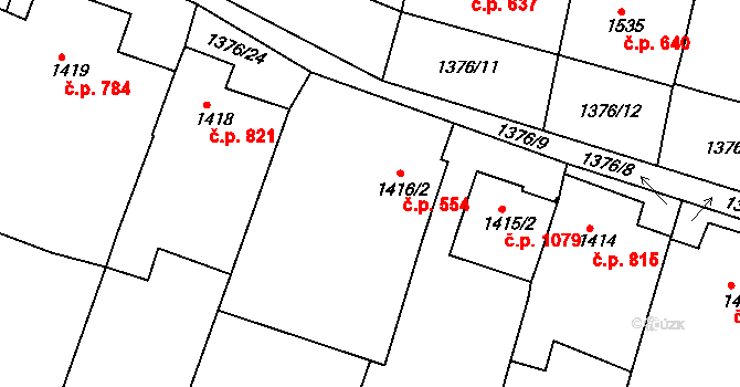 Mutěnice 554 na parcele st. 1416/2 v KÚ Mutěnice, Katastrální mapa