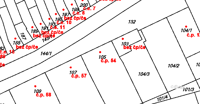 Nový Poddvorov 54 na parcele st. 105 v KÚ Nový Poddvorov, Katastrální mapa