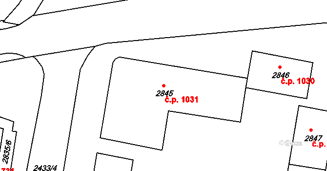 Jirkov 1031 na parcele st. 2845 v KÚ Jirkov, Katastrální mapa