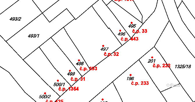 Šlapanice 32 na parcele st. 497 v KÚ Šlapanice u Brna, Katastrální mapa